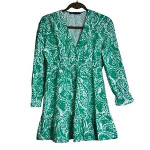 Zara Women's White Green Paisley Long Sleeve Mini Dress Medium